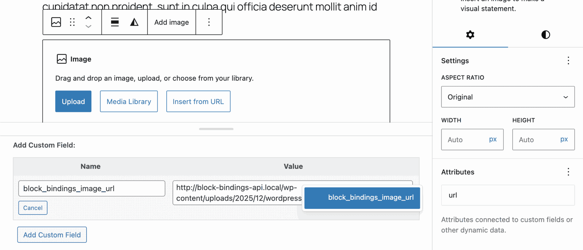 attributes panel image block