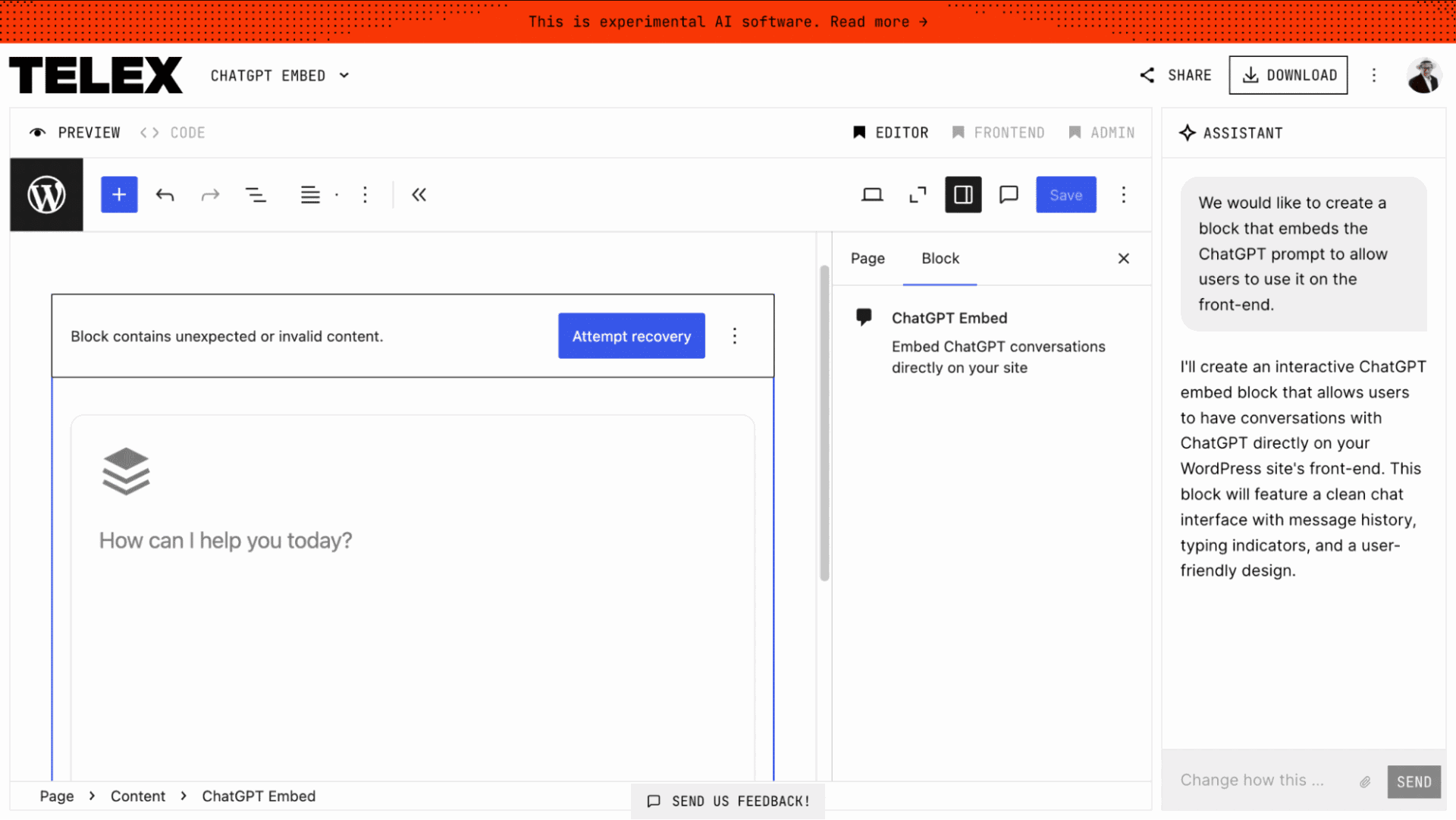 block displaying error message