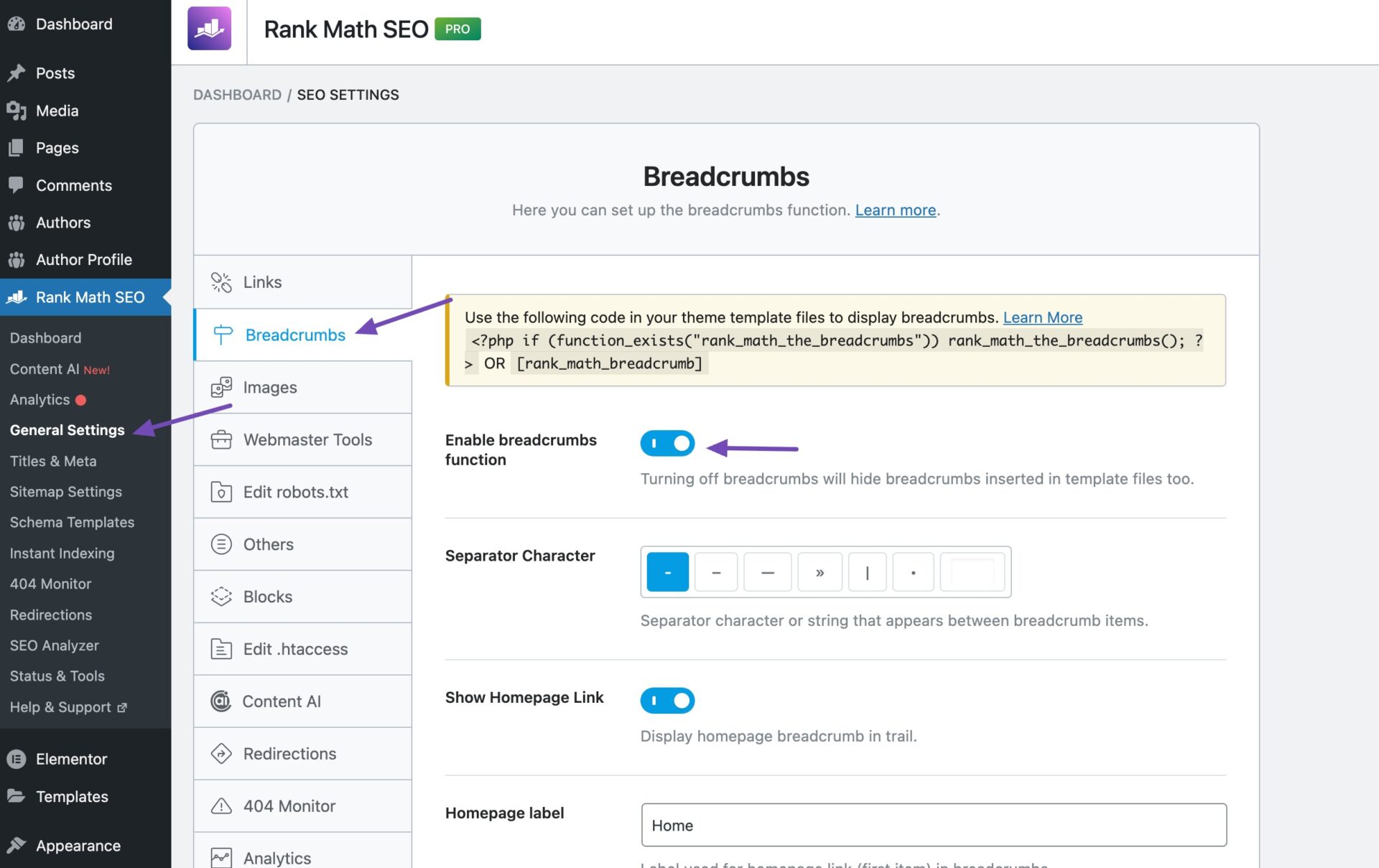 WordPress SEO 2026:助你排名第一的终极指南 16 breadcrumb settings 1