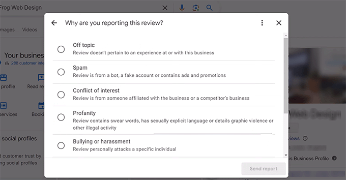你能删除谷歌评价吗?以下是你可以做的替代方案 6 choose a reason for reporting google review 1