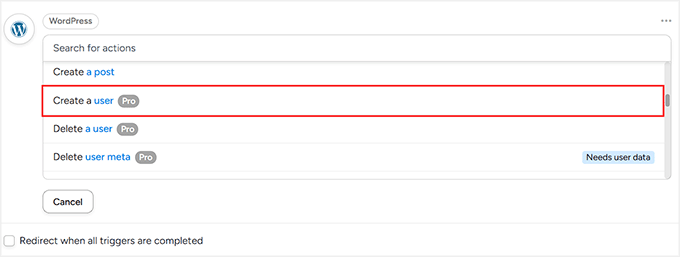 如何在 WordPress 中添加类似 n8n 的自动化功能(更简单、更便宜) 22 choose create a user as wordpress action in uncanny automator