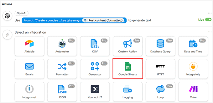 我是如何从零开始在WordPress中实现类似Make.com的自动化(简单方法) 25 choose google sheets as the second action integration in uncanny automator