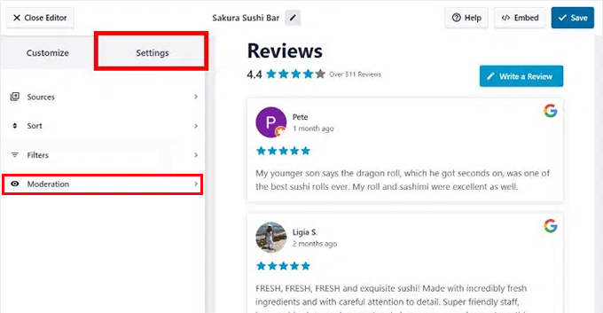 你能删除谷歌评价吗?以下是你可以做的替代方案 26 choose moderation in smash balloon settings tab