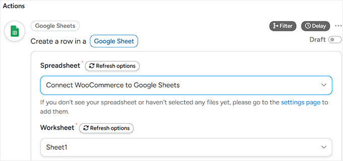 如何在 WordPress 中添加类似 n8n 的自动化功能(更简单、更便宜) 18 choose spreadsheet from dropdown menu