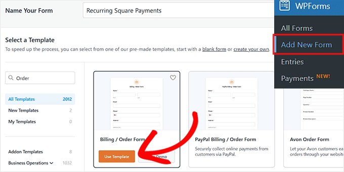 choose template for square payment form in wpforms
