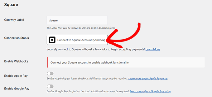 click connect to square account button
