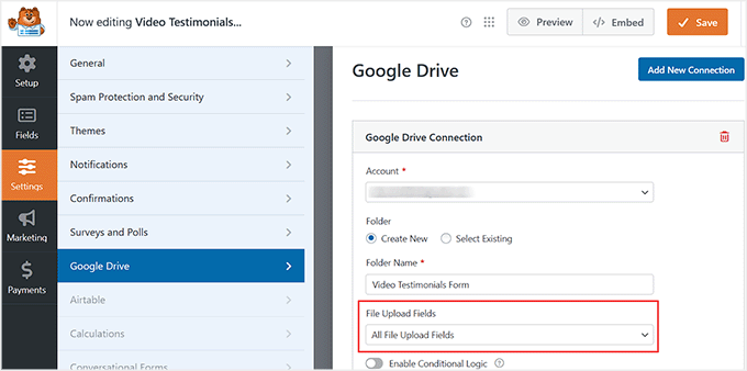 connect google drive to video testimonial form in wpforms