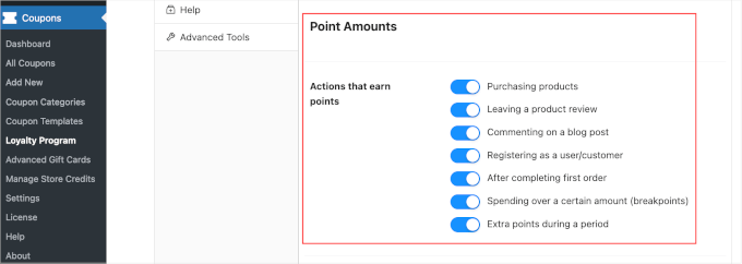 coupons loyalty settings pointsamounts