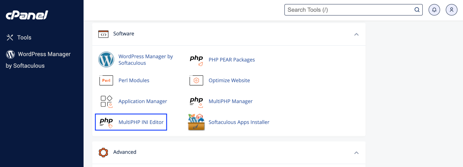 cpanel open multiphp ini editor