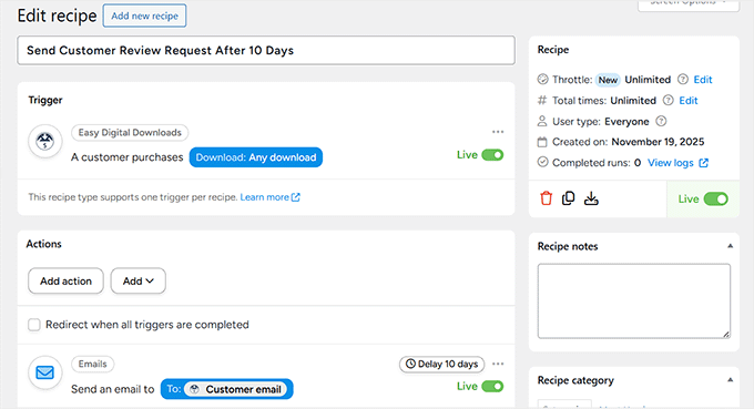 create post purchase review request recipe in uncanny automator