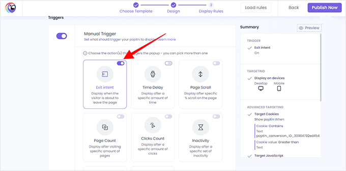 enable exit intent in poptin