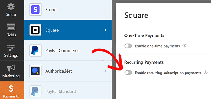enable recurring square payments in wpforms