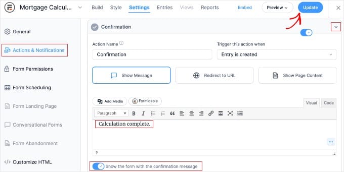 formidable settings actions notifications