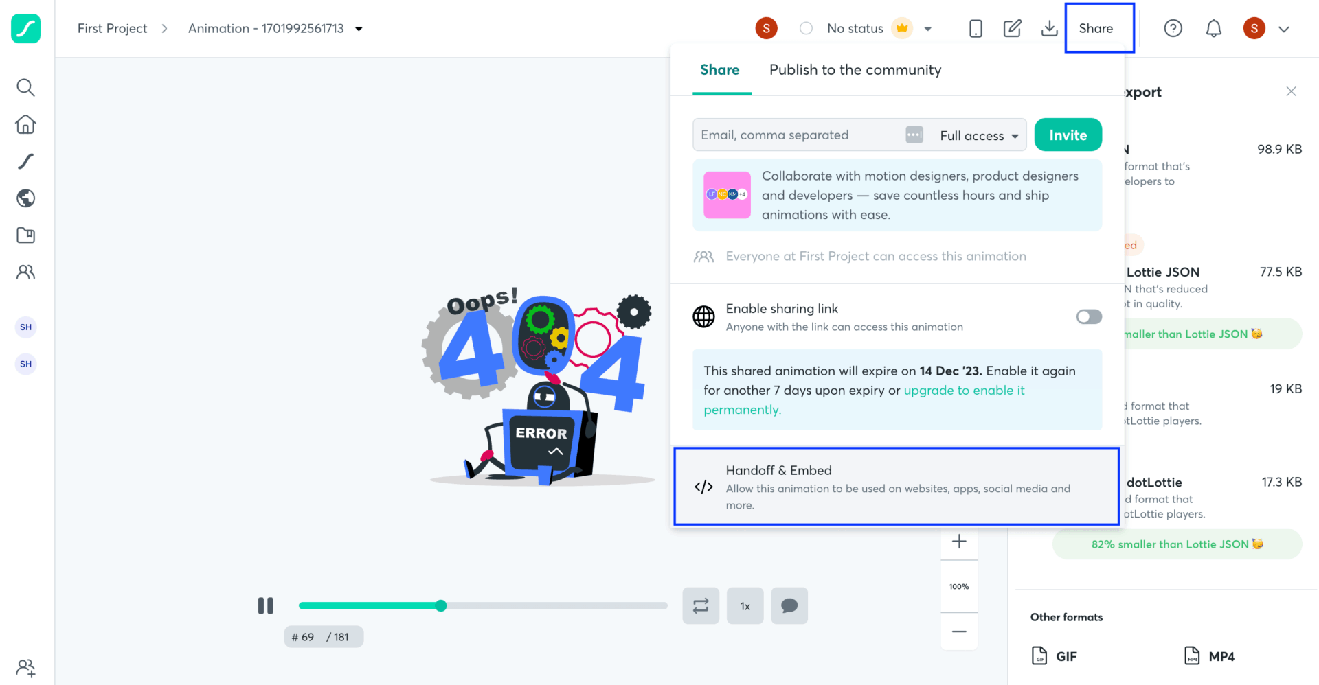 handoff embed lottie animation