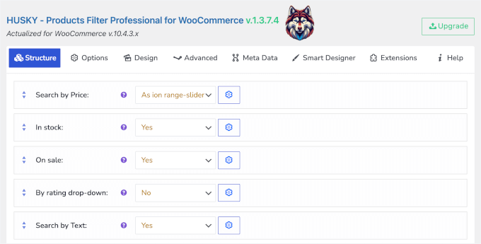 husky woocommercefilter settings