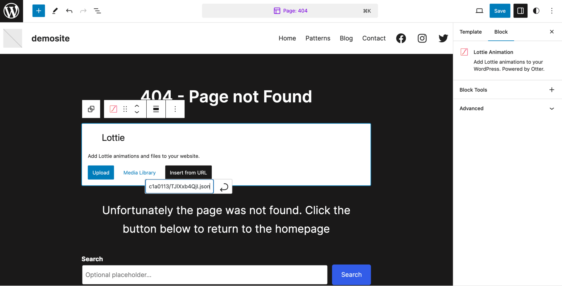 insert lottie animation url