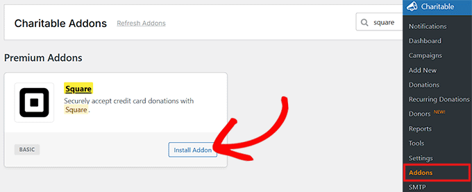 install square addon in charitable