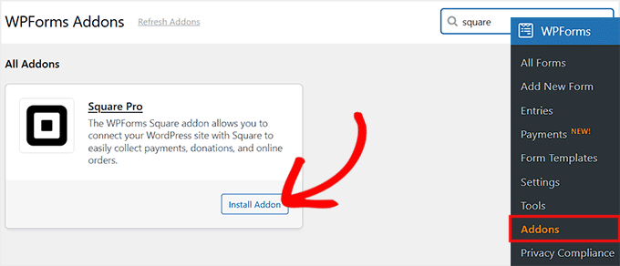 install square addon in wpforms