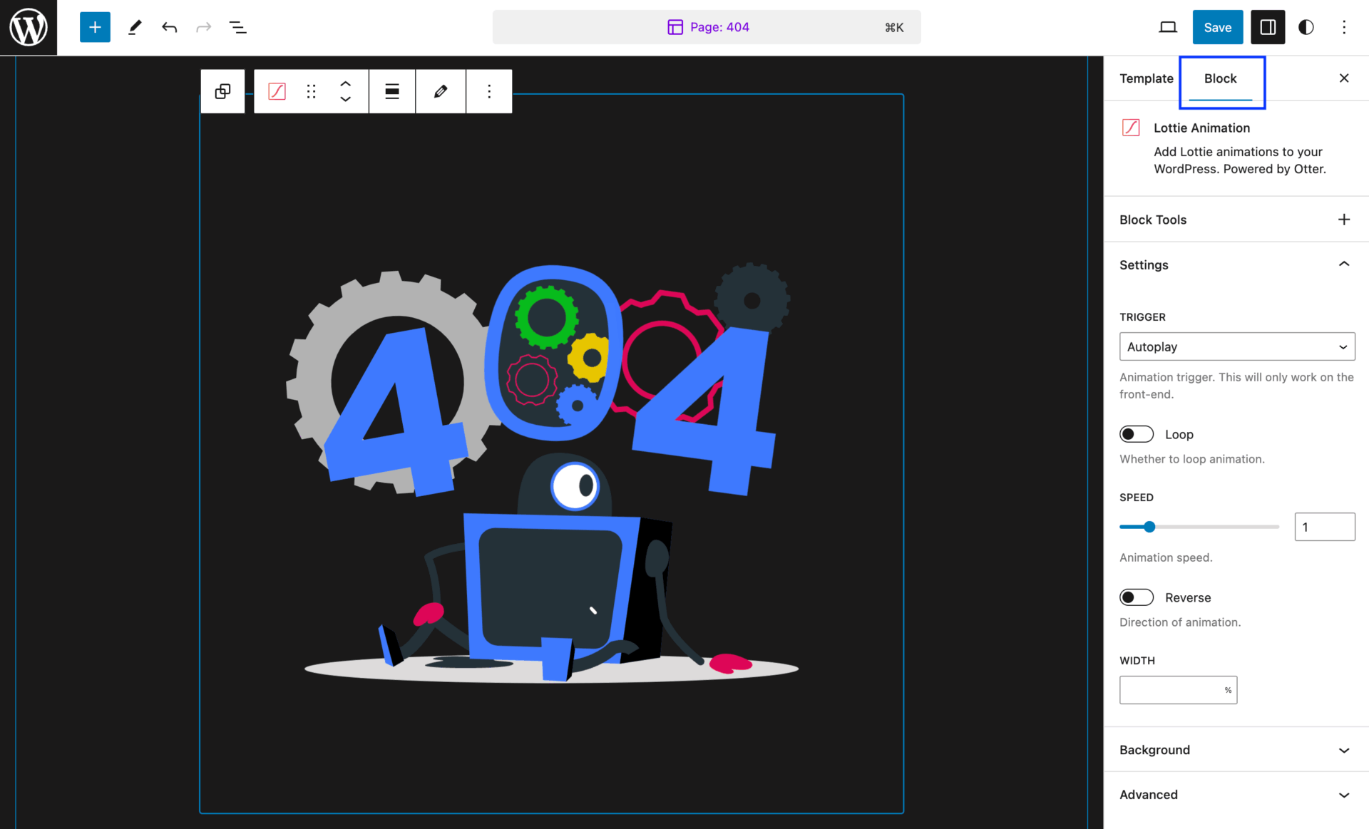 lottie animation block settings