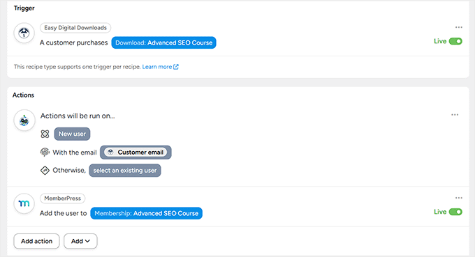 如何在 WordPress 中添加类似 n8n 的自动化功能(更简单、更便宜) 31 memberpress recipe in uncanny automator