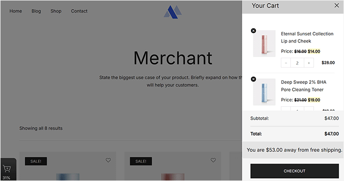 7个最佳WooCommerce滑动侧边购物车插件(我测试了13个) 4 merchant sliding side cart