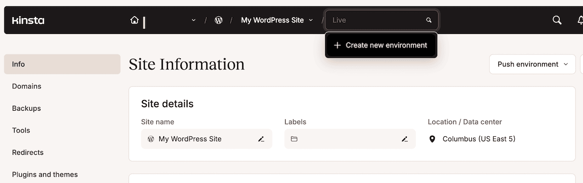 使用 Kinsta 多环境设置实现敏捷交付 8 new env menu