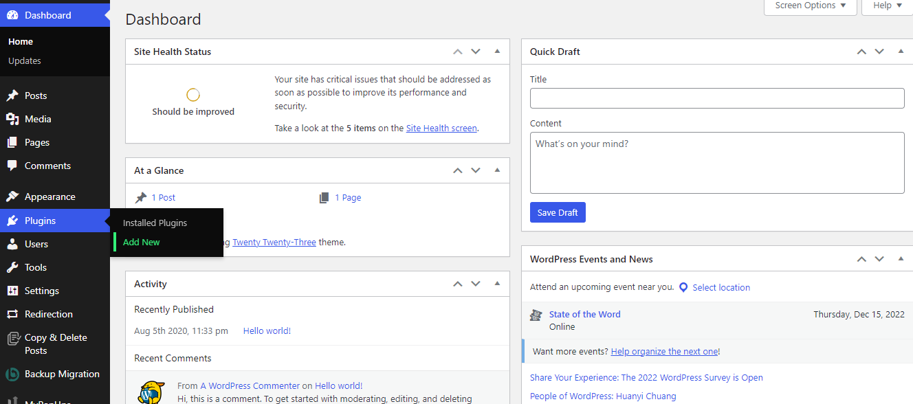 如何通过5个简单步骤启用WordPress维护模式 2 plugins add new 1