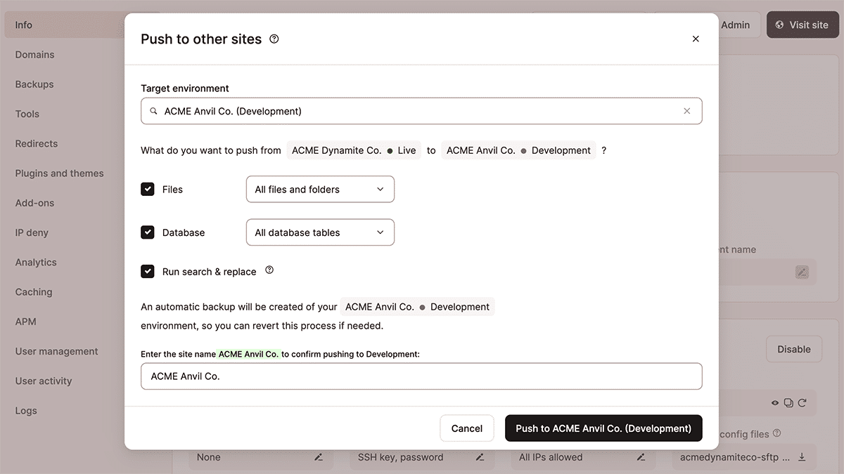push environment kinsta