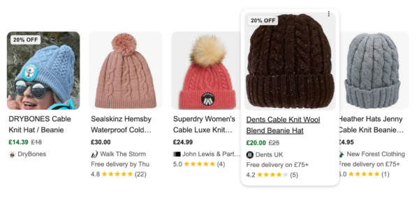 Yoast SEO for Shopify 新功能:产品结构数据中增强的价格显示 1 search results for cable knit hat 600x283 1