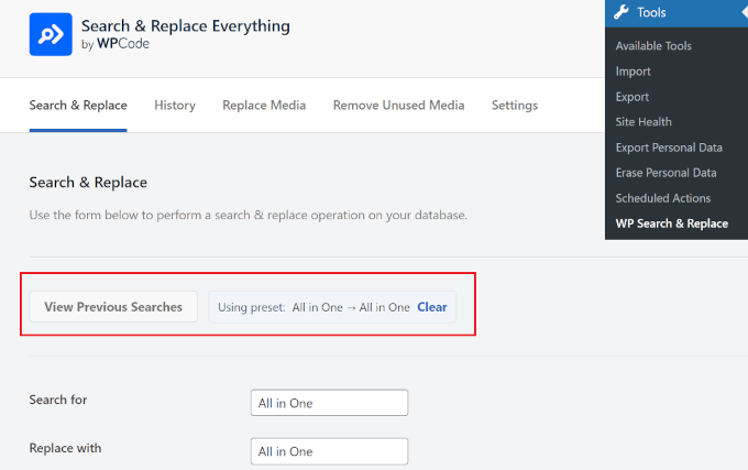 WPBeginner Spotlight 19:更智能的插件、AI 创新与 WordPress 的未来 11 searchandreplace searchhistory