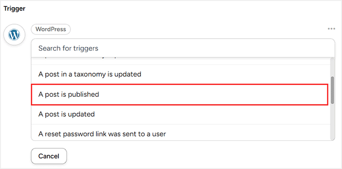 我是如何从零开始在WordPress中实现类似Make.com的自动化(简单方法) 17 select a post is published as the trigger in uncanny automator