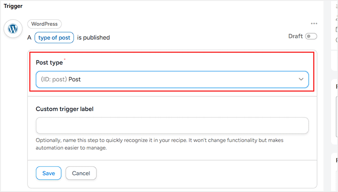 我是如何从零开始在WordPress中实现类似Make.com的自动化(简单方法) 18 select post as the post type for trigger in uncanny automator