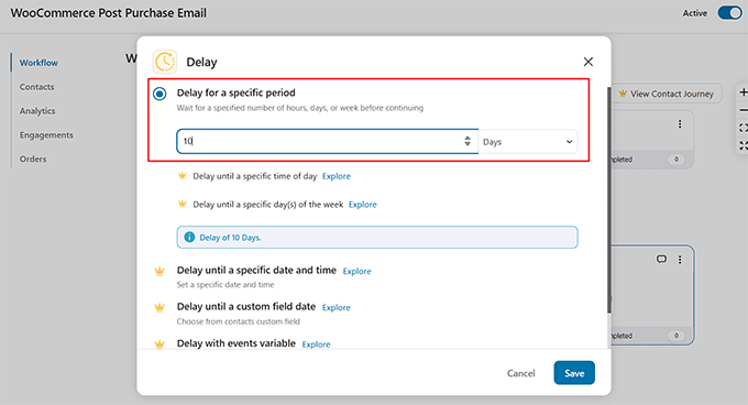 set a delay period for post purchase review request email in funnelkit automation