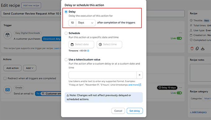 set a delay period for post purchase review request in uncanny automator