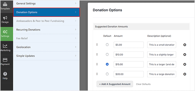 set suggested donation amount in charitable