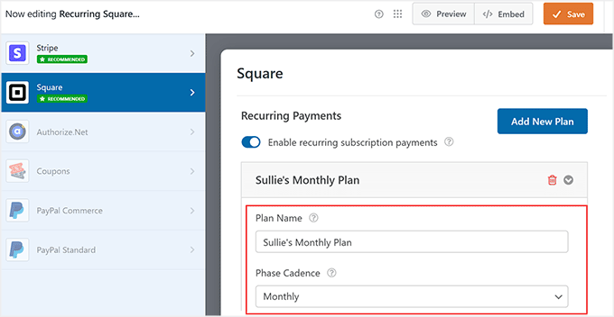 set up recurring payment plans for square