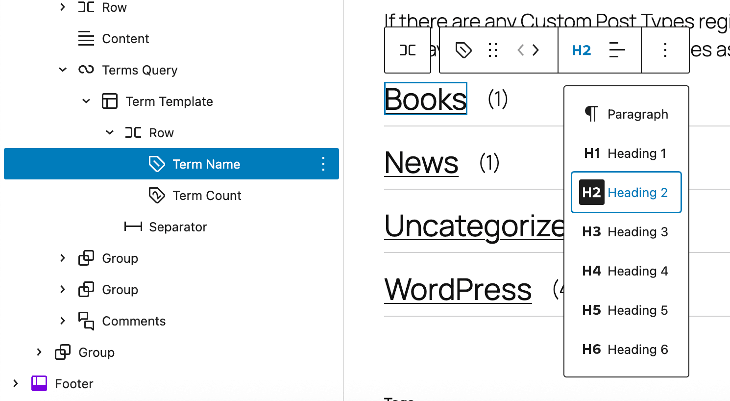 新功能、新区块、新 API:WordPress 6.9 的新变化 6 terms query block customization