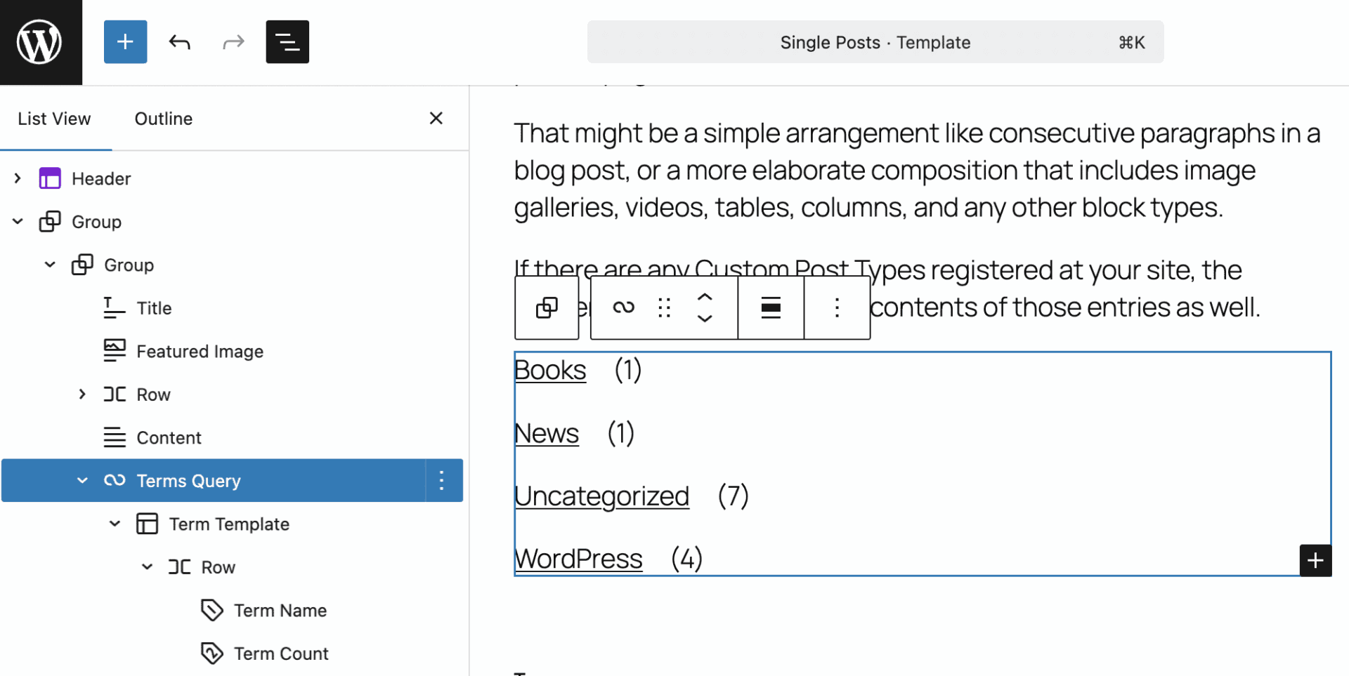 新功能、新区块、新 API:WordPress 6.9 的新变化 3 terms query block structure