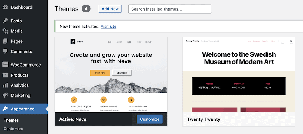 如何安装 WordPress 主题:新手入门指南 12 themes screen activated