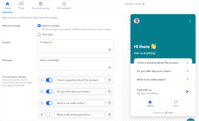 8个最佳WhatsApp WordPress插件(我全部测试了一遍) 20 tidio setup conversationstarters