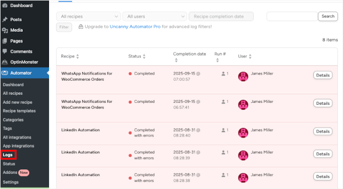 8个最佳WhatsApp WordPress插件(我全部测试了一遍) 13 uncanny logs recipes