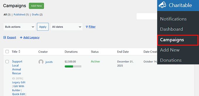 view campaigns page in charitable