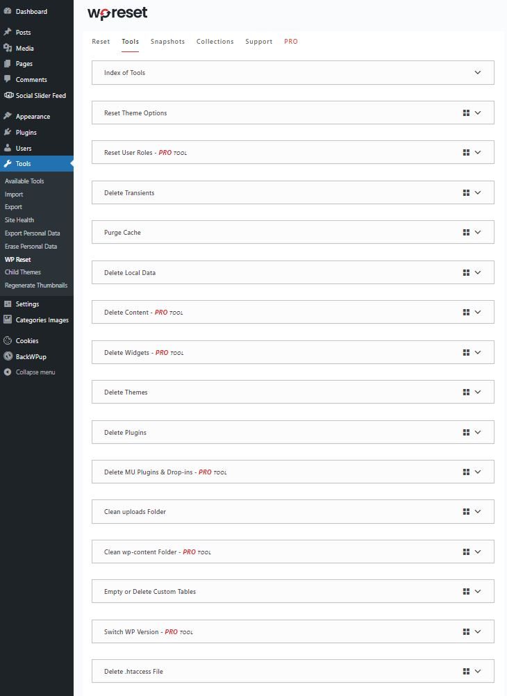 wordpress reset plugin wpreset tools select