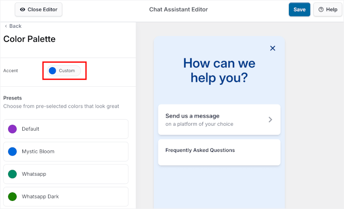 8个最佳WhatsApp WordPress插件(我全部测试了一遍) 4 wpchat customizer colorpalette custom