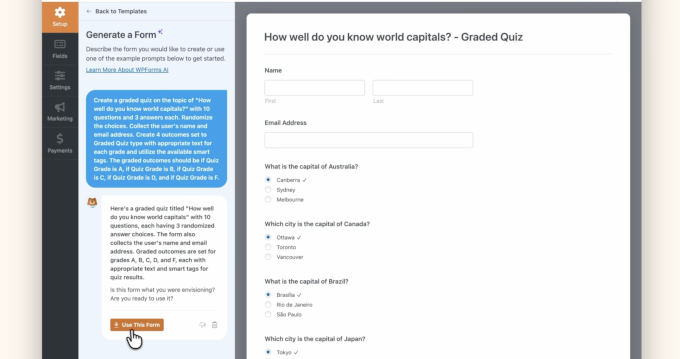 WPBeginner 聚焦 20:WordPress 存储清理、更智能的预览和自动化更新 4 wpforms ai quiz form example 1