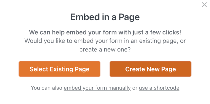 wpforms embed createnewpage
