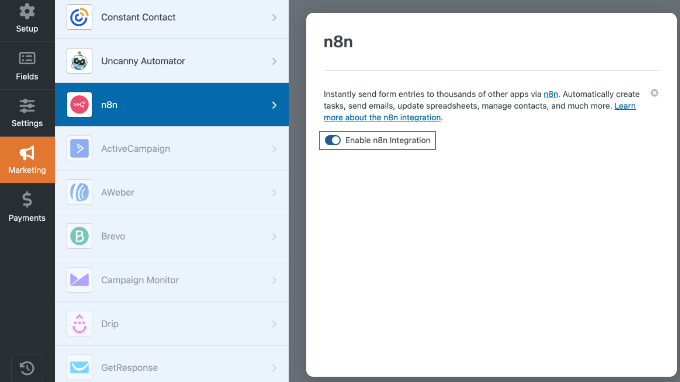 wpforms enable n8n integration