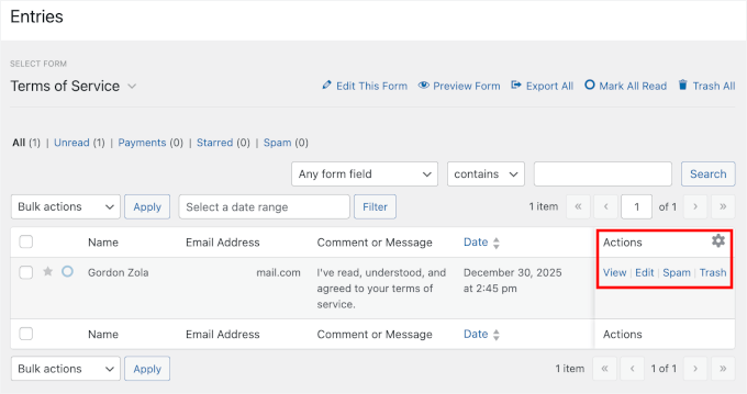 我如何自动将WordPress表单提交转换为PDF(无需手动操作) 41 wpforms entries actions view 1