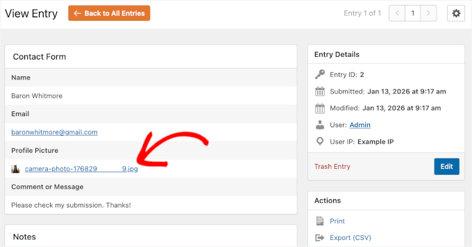 wpforms entries actions view profilepicture