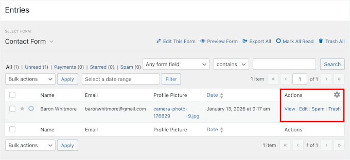 wpforms entries actions view